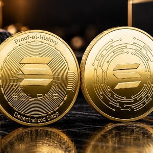 May include: Two circular gold-colored coins featuring the Solana logo in the center. The left coin displays the text Proof-of-History, Scalability, and Decentralized Dapp around the perimeter. Both coins have a circuit board pattern engraved on the surface.