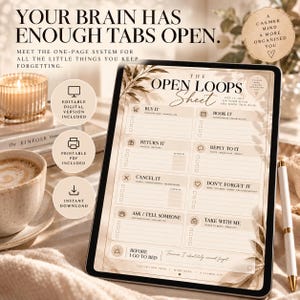 May include: A digital tablet displaying The Open Loops Sheet, a beige task management template with sections for Buy It, Book It, Return It, Reply To It, Cancel It, Don't Forget It, Ask/Tell Someone, Take With Me, and Before I Go To Bed.