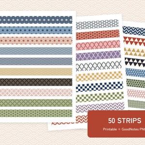 Utskrivbara japanska Washi Tape-klistermärken, 50 Wagara-mönsterremsor, digitala planeringsklistermärken, GoodNotes PNG, Cricut Print Then Cut