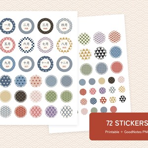 Japanische Kreisaufkleber zum Ausdrucken, 72 Wagara-Punkte- und Monatsaufkleber, Digitaler Planer, GoodNotes PNG, Cricut Drucken und Schneiden