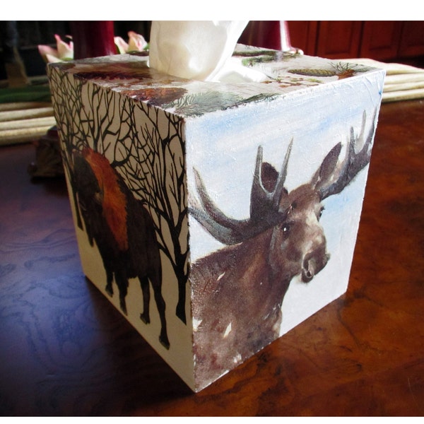 Tissue Box Moose Wilderness WOOD 6"X6" With Sliding Bottom, One Available,