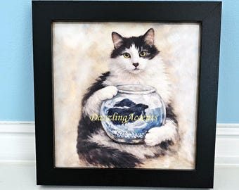 Original Cat Fishbowl Painting Print, Small Funny Cat Print FRAMED