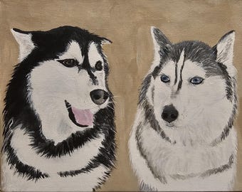 May include: A painting of two Siberian Huskies. The dog on the left has black and white fur with a pink tongue. The dog on the right has gray and white fur with blue eyes. The background is a solid tan color.