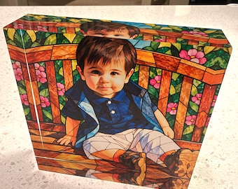 Custom Portrait from Photo | Stained Glass Effect Acrylic Block | 4"x4"x1"