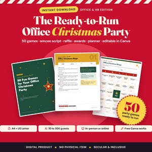May include: A digital download kit for an office Christmas party featuring three document pages on a red background. Text includes The Ready-to-Run Office Christmas Party, 50 games, emcee script, raffle, awards, planner, and editable in Canva.
