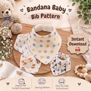 Op de afbeelding: Een digitaal naaipatroon voor baby bandana slabbetjes met de tekst Bandana Baby Bib Pattern en Instant Download. De afbeelding toont vier afgewerkte slabbetjes met diverse prints, waaronder stippen, ankers, vosjes en driehoeken.
