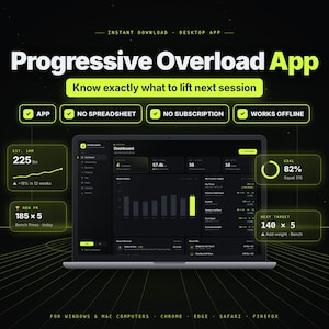 May include: A digital interface for the Progressive Overload App displayed on a laptop screen, featuring a dark dashboard with workout metrics, charts, and text including 'No Spreadsheet', 'No Subscription', and 'Works Offline' on a black background.