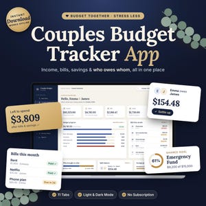 Puede incluir: Una aplicación digital de seguimiento de presupuesto para parejas en una pantalla de portátil, con secciones para ingresos, facturas, ahorros y saldos compartidos. La interfaz incluye texto como "Hello, Emma & James" y "Emergency Fund".