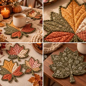 May include: A set of quilted fabric coasters shaped like maple leaves, featuring patchwork designs in autumn colors including orange, red, cream, and olive green with various floral and plaid patterns, finished with stitched edges.