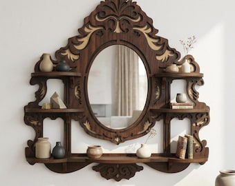 Ornate Wall Mirror with Shelves, Vintage Style Decorative Oval Mirror for Home Decor