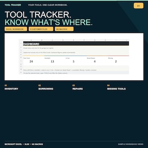 May include: A digital Tool Tracker Excel workbook dashboard displaying inventory metrics. The interface features sections for Inventory, Borrowing, Repairs, and Missing Tools, with a summary table showing 24 total tools, 13 available, 5 in use, 4 needing repair, and 2 missing.