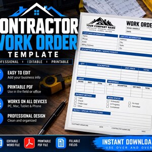Contractor Work Order | Editable Job Workorder Form | Handyman Construction Service order | Printable PDF