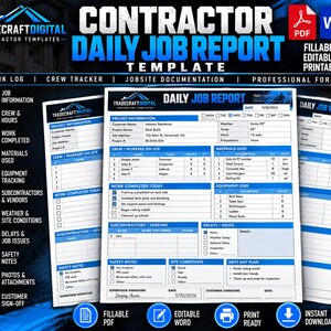 Contractor Daily Report Template | Construction Daily Report | Work Log and Crew Tracker | Fillable PDF & Word