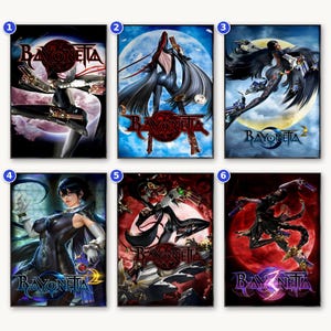 May include: A set of six rectangular wall art prints featuring the character Bayonetta in various action poses. Each print displays the Bayonetta logo, with some labeled as Bayonetta 2 or Bayonetta 3, set against backgrounds of moons, red skies, and clouds.