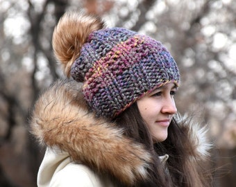 Knit Chunky Winter Women's Girls Fur Pom Pom Slouchy Hat Beanie | The ADA