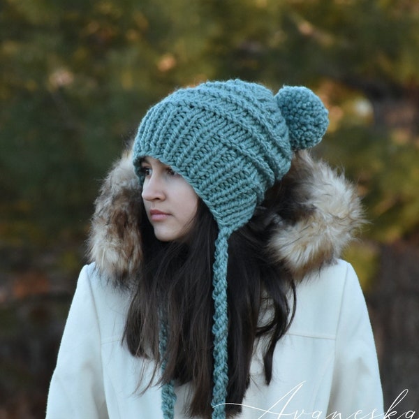 Knit Ear Flap Pom Pom Woolen Winter Chunky Bonnet Chullo Women's Girls Hat Beanie | The LADY