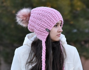 Knit Ear Flap Pom Pom Woolen Winter Chunky Chullo Bonnet Women's Girls Hat Beanie | The PRINCESS