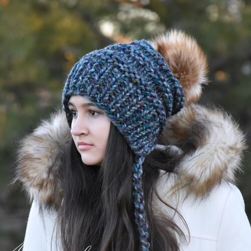 Knit Slouchy Hat With Pom Pom Knit Beanie Winter Hat Etsy