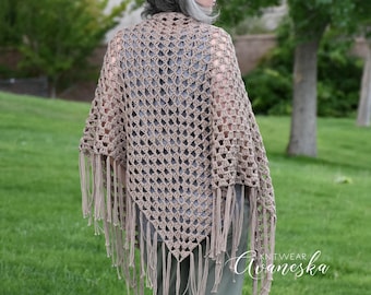 100% Cotton Woman's Summer Granny Crochet Triangle Shawl with Fringe | ROSALIND