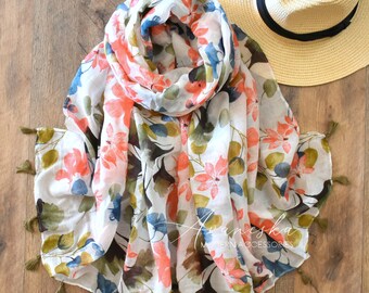 Woman's Floral Lightweight Spring Summer Tassel Fashion Scarf, Gift For Her