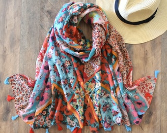 Woman's Boho Floral Lightweight Spring Summer Tassel Fashion Scarf, Gift For Her