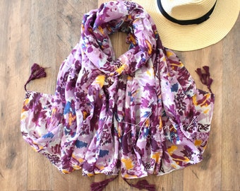 Woman's Abstract Floral Lightweight Spring Summer Tassel Fashion Scarf, Gift For Her
