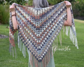Crochet Oversized Fringed Granny Triangle Shawl | LA LUCIA