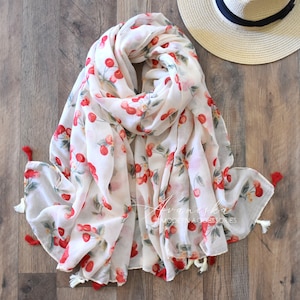 Woman&#39;s Cherry Berry Lightweight Spring Summer Tassel Fashion Scarf