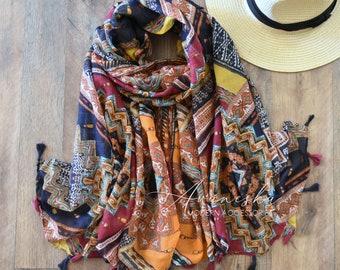 Woman's Boho Tribal Aztec Lightweight Spring Summer Fringed Fashion Scarf, Gift For Her