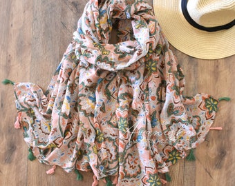 Woman's Folklore Floral Lightweight Spring Summer Tassel Fashion Scarf, Gift For Her