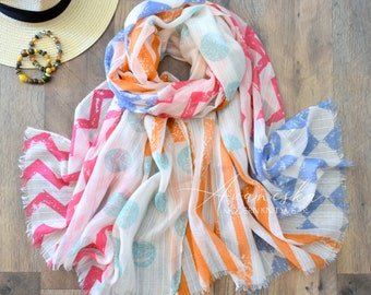 Woman's Geometric Stripes Lightweight Spring Summer Fringe Fashion Scarf, Gift For Her