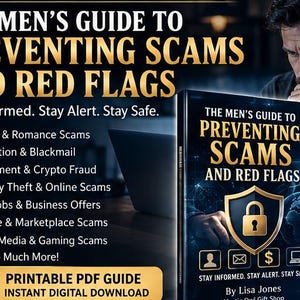 Op de afbeelding: Een digitale gids getiteld The Men's Guide to Preventing Scams and Red Flags, met een gouden schild met hangslotpictogram, een wereldbolafbeelding en een lijst met onderwerpen zoals datingfraude, sextortion, cryptofraude en identiteitsdiefstal.