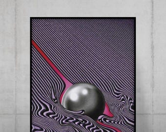 May include: A framed rectangular wall art print featuring a central metallic silver sphere resting on a surface of purple and black wavy lines. A vibrant red and yellow streak cuts diagonally across the textured, rippled background.