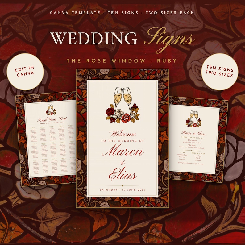 Seat Map Ruby Ruby Wedding Sign Bundle Canva Template | Red Stained Glass Welcome ...
