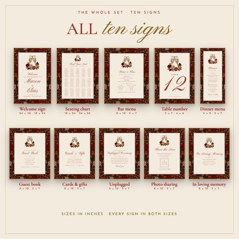 Seat Map Ruby Ruby Wedding Sign Bundle Canva Template | Red Stained Glass Welcome ...