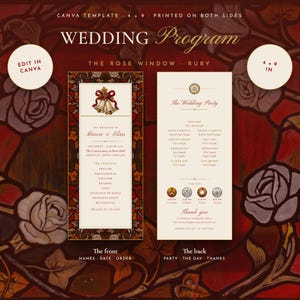 Plantilla de programa de boda de rubí / Programa de ceremonia con vidrieras rojas, plantilla editable de Canva, imprimible 4x9