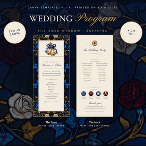Plantilla de programa de boda Sapphire / Programa de ceremonia en vidriera azul marino, plantilla editable de Canva, imprimible 4x9