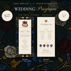 Plantilla de programa de boda Esmeralda / Programa de ceremonia con vidrieras verdes, plantilla editable de Canva, imprimible 4x9