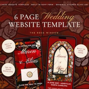 Ruby Wedding Website Template Canva | Red Stained Glass Click-to-Open Envelope | 6 Page Digital Invitation with RSVP