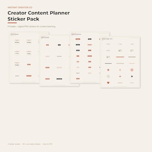 May include: A digital creator content planner sticker pack featuring four sheets of printable and digital PNG stickers. The sheets include labels for content calendars, captions, hooks, platforms, planning, trackers, washi tape, and icons.