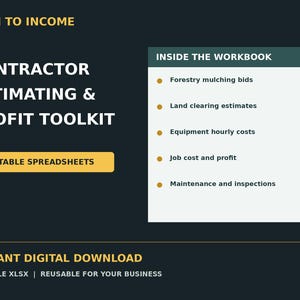 Può includere: Un kit di strumenti digitale grigio scuro intitolato Iron to Income Contractor Estimating & Profit Toolkit. Include 5 fogli di calcolo modificabili per offerte di pacciamatura forestale, stime di disboscamento e costi orari delle attrezzature.