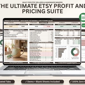 May include: A laptop screen displaying the Product Costing Studio software interface, featuring a spreadsheet with columns for batch recipes, Etsy waterfall calculations, and multi-channel solvers, with a ceramic mug image.