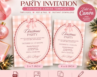 Pink Christmas Party Invitation Template, Editable Canva, 5x7 & 4x6