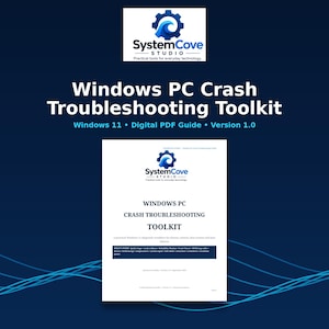 Puede incluir: Una guía digital en PDF titulada Windows PC Crash Troubleshooting Toolkit, versión 1.0, que presenta el logotipo de SystemCove Studio con un icono de engranaje azul y una ola. El documento detalla un flujo de trabajo para Windows 11.