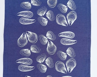 Hand printed linen teatowel with seashells