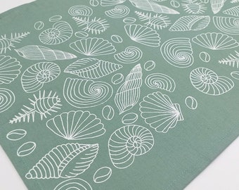 Hand printed linen teatowel with seashells