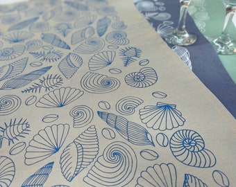 Hand printed linen teatowel with seashells