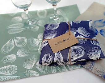 Hand printed linen teatowel with seashells