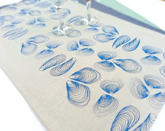 Hand printed linen teatowel with seashells