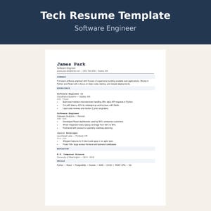 May include: A digital tech resume template for a software engineer featuring the name James Park, contact details, professional summary, work experience, education, and skills sections printed in black text on a white document background.